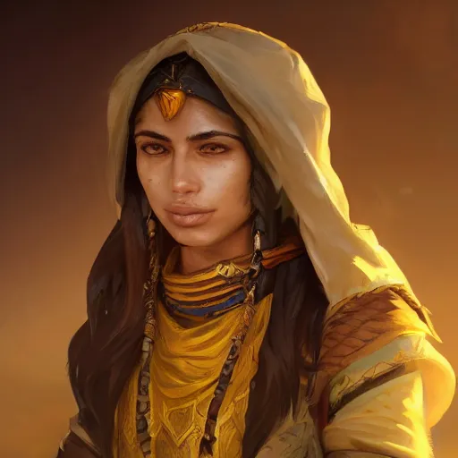 Image similar to portrait of young arabian nomad half wolf, with yellow cloths, league of legends splash art, hearthstone splash art, full body shot, rule of thirds, ultrafine hyperrealistic detailed face, artgerm, greg rutkowski, trending on artstation, 8 k, intricately detailed, highly detailed