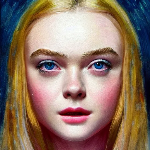 Prompt: professional painting of Elle Fanning in the style of Victor Nizovtsev, head and shoulders portrait, symmetrical facial features, smooth, sharp focus, illustration, intricate, stormy weather, extremely detailed masterpiece,