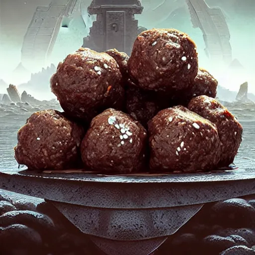 Image similar to salty chocolate meatballs, there are ruins of ancient civilization, ultra high definition, ultra detailed, symmetry, sci - fi, dark fantasy, in style of heavy metal comic, dark and horror style, metal by greg rutkowski and ross tran