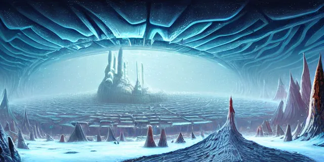 Image similar to painting artic snow covered alien nature labyrinth consuming futuristic mega city from blade in the style of nebulapunk by tomasz alen kopera and daniel lieske with futuristic castle by simon stahlenhag