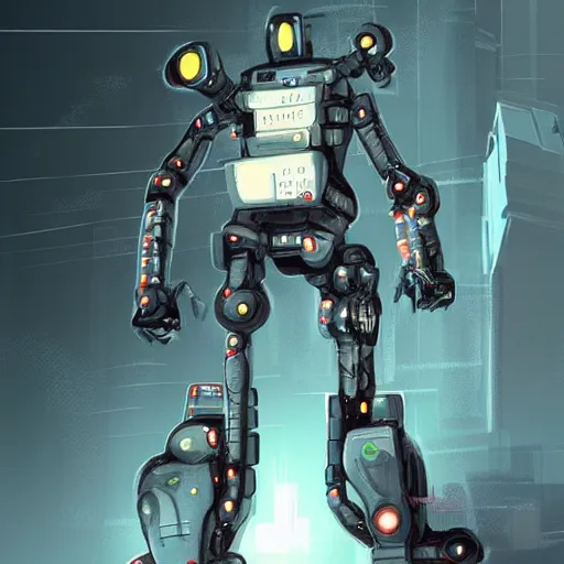 Image similar to An awesome cyberpunk robot concept art. Detailed concept art trending on artstation.