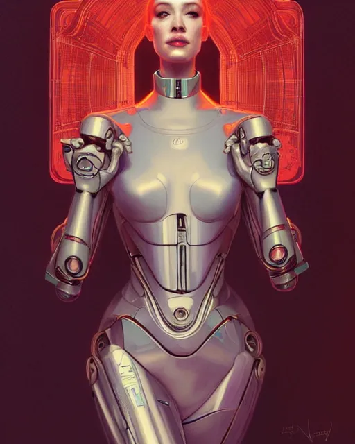 Image similar to portrait of christina hendricks as a robot in ex machina, cyberpunk machine, machine face, robed, upper half portrait, decorated, intricate intense elegant highly detailed digital painting artstation concept art smooth sharp focus illustration, art by artgerm and greg rutkowski alphonse mucha 8 k