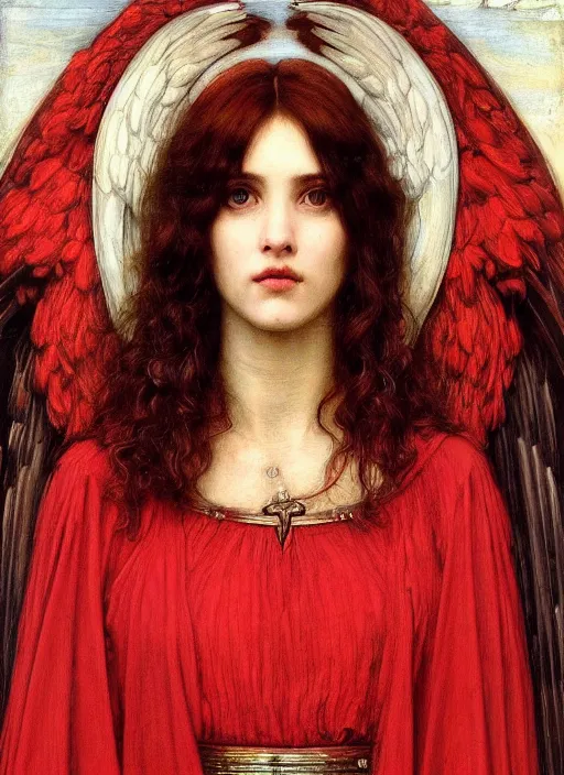 Image similar to portrait of beautiful female archangel in red robes, pre - raphaelite painting by john william waterhouse, trending on art station. highly detailed, symmetrical face.