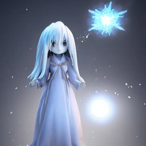 Image similar to cute fumo plush of yuki onna in the middle of a blizzard, snow particle simulation, outline glow lens flare, vray