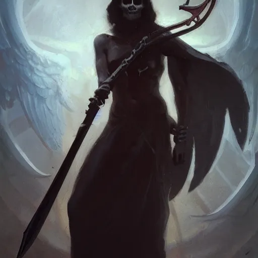 Image similar to a portrait of a beautiful angel of death holding a large scythe by marco bucci and greg rutkowski and frank frazetta, sharp focus, detailed, cinematic, closeup