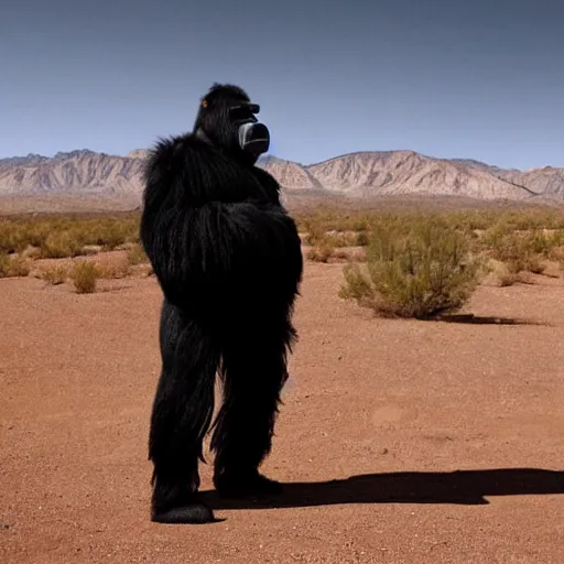 Image similar to !dream A realistic photo of Walter White wearing a gorilla suit with a gas mask on his head, cinematic lighting, New Mexico desert, RV