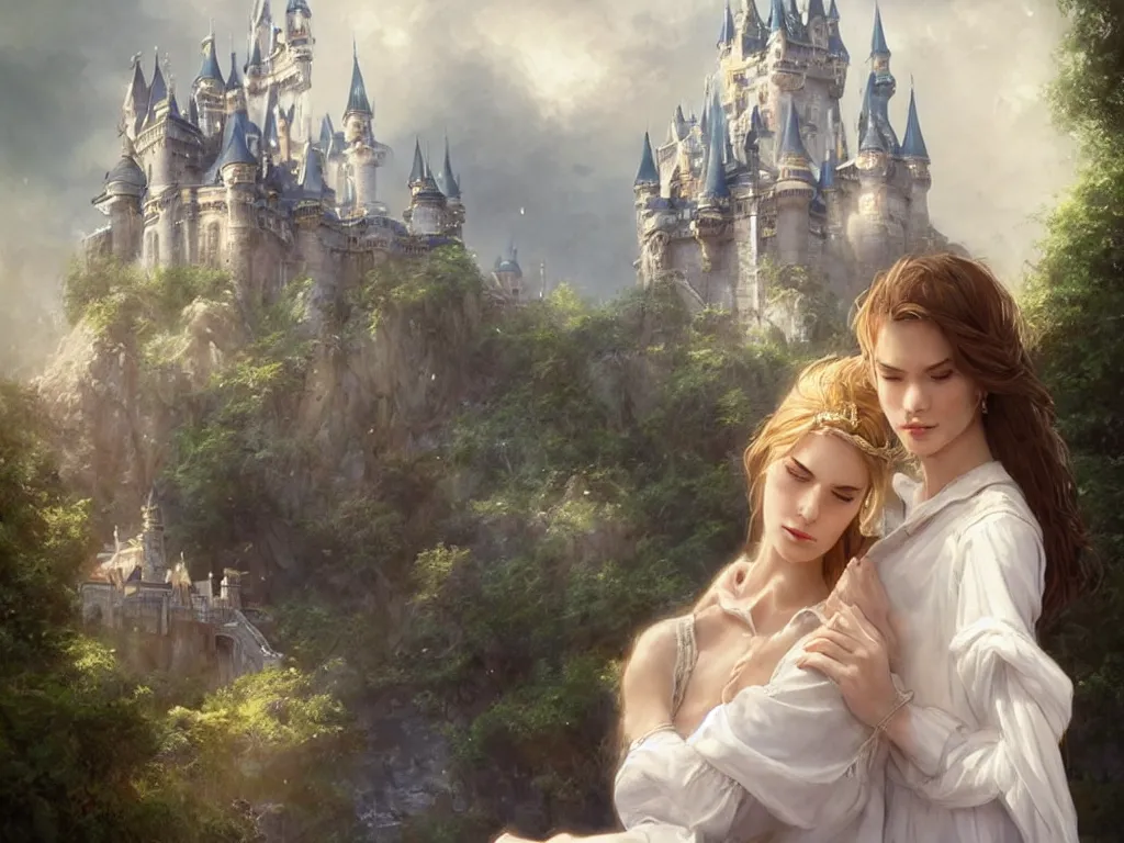 Prompt: beautiful woman in a white blouse hugging an prince, goddess, blurry castle backround, sunny, fine art, awesome fantasy book cover on Pinterest, award winning, dark fantasy landscape, fantasy magic, intricate, elegant, sharp focus, cinematic lighting, highly detailed, digital painting, concept art, art by WLOP and Artgerm and Greg Rutkowski, masterpiece, trending on artstation, 8K