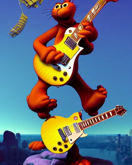 Image similar to garfield ( shredding on a gibson les paul, art by glenn fabry and frank frazetta, 3 d rendering by beeple, 8 k )