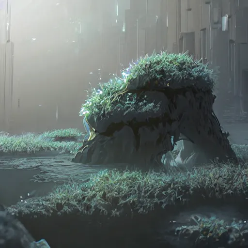 Image similar to vague antidescriptive acrylic vital exopoison fluid blob nier automata pixiv scenery artwork : nature dream vegetation magic density infinite, macro seminal dream points of icy, frozen vaporwave shards tempted to turn into a dream scenery, high quality topical render, nier automata, concept art
