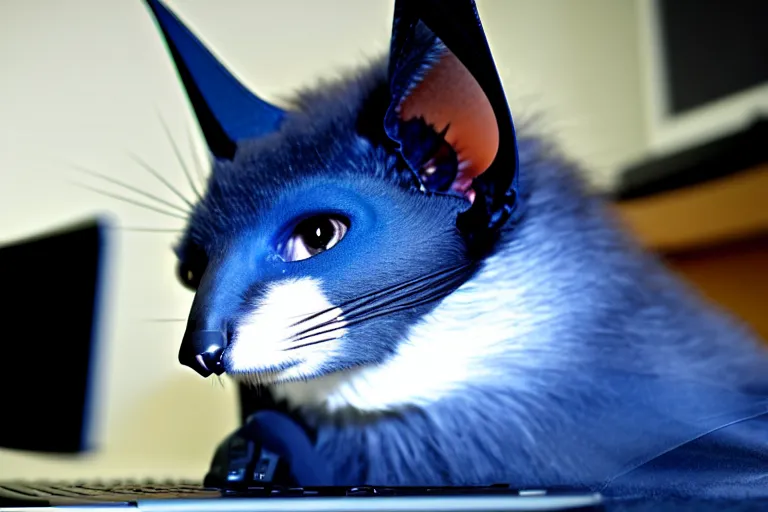 Image similar to a blue - and - black male catbat fursona with blue / green heterochromatic eyes and huge bat ears, photo of the catbat streaming on his computer