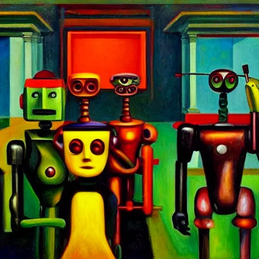 Image similar to robot parade, pj crook, edward hopper, oil on canvas