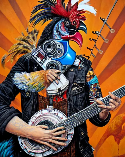 Image similar to a portrait of an anthropomorphic cyberpunk rooster shredding a banjo by sandra chevrier, by jon foster, detailed render, tape deck, epic composition, cybernetics, 4 k realistic, cryengine, realistic shaded lighting, sharp focus, masterpiece, by enki bilal