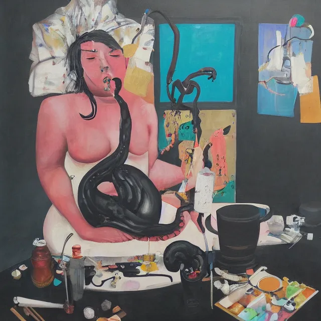 Prompt: sensual, a portrait in a female art student's bedroom, black walls, a woman drinking coffee, pancakes, maple syrup dripping, chocolate, surgical supplies, ikebana, octopus, neo - expressionism, surrealism, acrylic and spray paint and oilstick on canvas