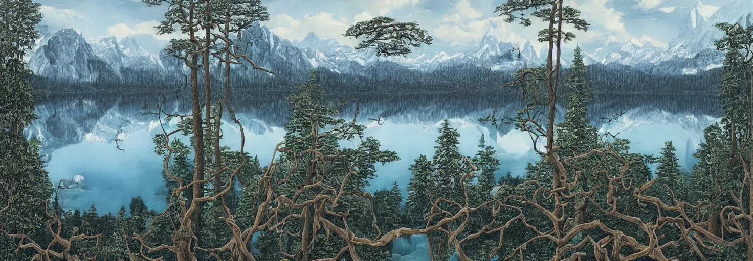 Prompt: escher painting of a lake, big trees reflecting on lake surface, mountains at background, snowy, ultra sharp, ultra detailed, horror emotion, colorized by salvador