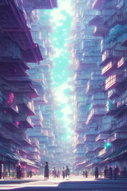 Image similar to vaporwave city, exquisite details, denoised, mid view, by artsation, greg rutkowski, makoto shinkai, takashi takeuchi, studio ghibli