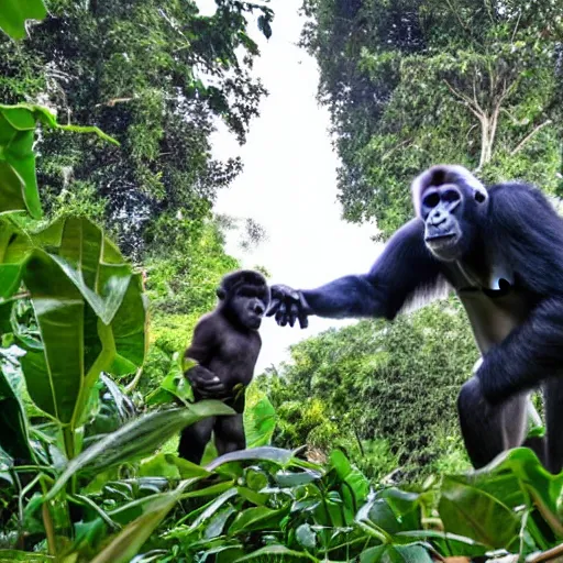 Image similar to pov of a silverback gorilla who needs to teach his confused son about the jungle