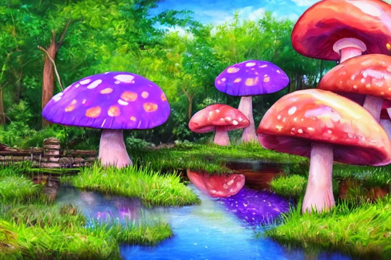 Prompt: a painting of giant mushrooms with next to a small bridge, flowing water, digital art, scenic, reds, purples, pink, reflections, blue lighting, glow's in side the mushrooms, complex background, chill,