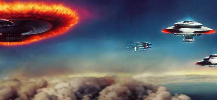 Prompt: a film still of an epic space ufo battle, explosions, wide angle, rule of thirds, colorful, thunderbirds, hbo, 4 k, hd, hyperrealistic, 7 0 mm, cronenberg