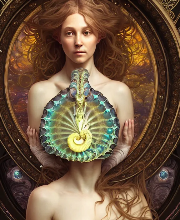 Prompt: intricate ornate opulent transparent clear see - through portrait of a horrific beautiful alien nautilus, mottled coloring, adorable, childlike, pastoral environment, ultra realistic, concept art, art nouveau, photorealistic, octane render, 8 k, unreal engine. art by christopher marley and artgerm and greg rutkowski and alphonse mucha