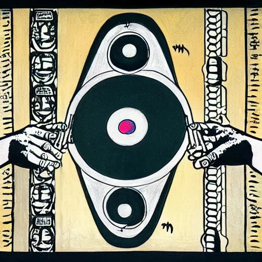 Prompt: A drawing. A rip in spacetime. Did this device in her hand open a portal to another dimension or reality?! damascening inlay by Francis Picabia, by Art Spiegelman natural, muted