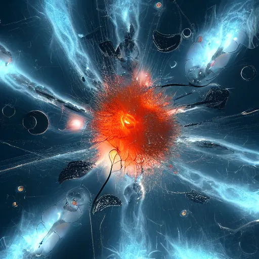 Image similar to army of interconnected neurons made of steel in space with hubble background, amazing, fire, splash, vray, 5 5 mm