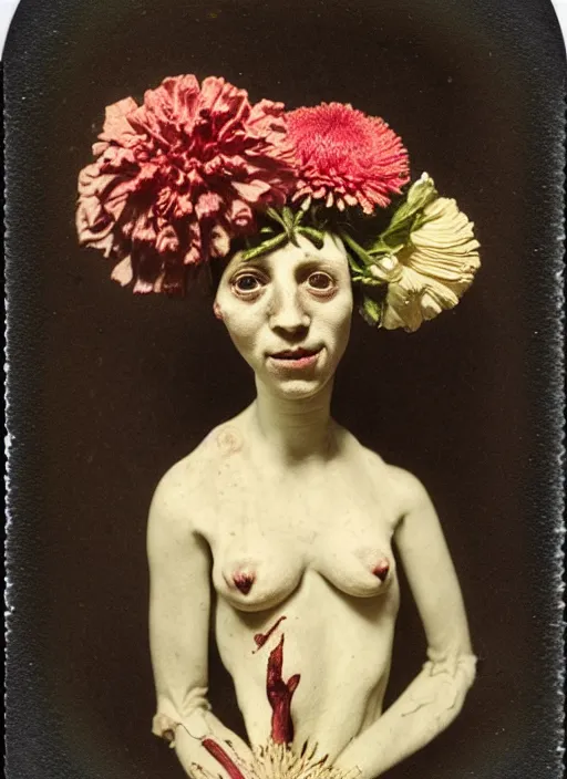 Prompt: beautiful and detailed rotten woman made of plants and many types of stylized flowers like carnation, chrysanthemum, roses and tulips, intricate, john constable, guy denning, gustave courbet, caravaggio, romero ressendi 1 9 1 0 polaroid photo