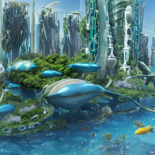 Prompt: the underwater city of atlantis, a beautiful underwater city square of surrounded by beautiful glistening skyscrapers covered in green lush kelp, futuristic googie style underwater architecture with lots of coral and sea kelp everywhere all over the exterior, the beautiful city square of atlantis with futuristic underwater machines bustling around, Bosco Verticale, concept art 8k resolution, warm sunlight shines down upon the city