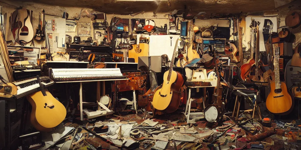 Prompt: a color photograph of a musician's basement studio with many things, workbench overloaded with broken instruments,, trending on artstation, hyperrealism