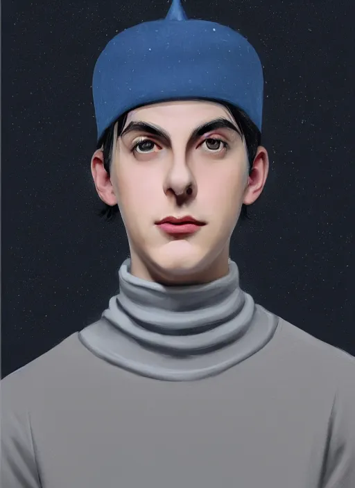 Image similar to portrait of teenage jughead jones wearing a light grey crown, crown, blue turtleneck, 1 9 5 0 s, closed eyes, photorealistic, black hair, glowing lighting, intricate, elegant, glowing lights, highly detailed, digital painting, artstation, concept art, smooth, sharp focus, illustration, art by wlop, mars ravelo and greg rutkowski