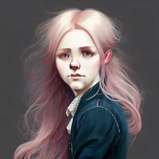 Image similar to portrait of a scottish teenage girl with pinkish grayblonde hair, glowing skin, awkward, nerdy, fantasy, intricate, elegant, dress shirt, highly detailed, digital painting, artstation, concept art, smooth, sharp focus, illustration, art by Krenz Cushart and Artem Demura and alphonse mucha