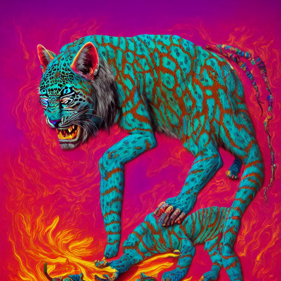 Image similar to bright psychedelic empty apartment, mayan jaguar warrior sleeping, diffuse lighting, fantasy, intricate, elegant, highly detailed, lifelike, photorealistic, digital painting, artstation, illustration, concept art, smooth, sharp focus, art by francis bacon