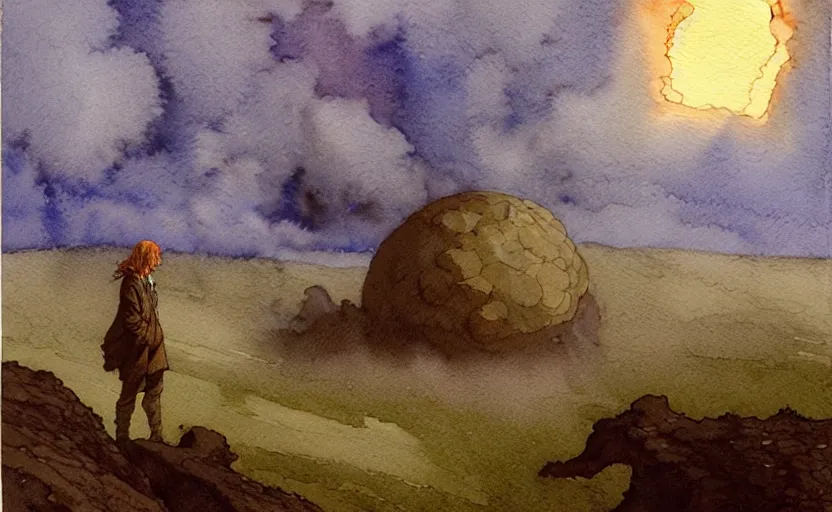 Image similar to a hyperrealist watercolour character concept art portrait of a giant asteroid floating in the air. it is a misty night on the moors of ireland. by rebecca guay, michael kaluta, charles vess and jean moebius giraud