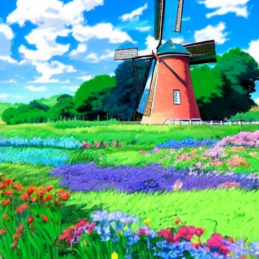 Prompt: beautiful countryside background with a windmill by studio ghibli, 4k, cute, colourful, summer