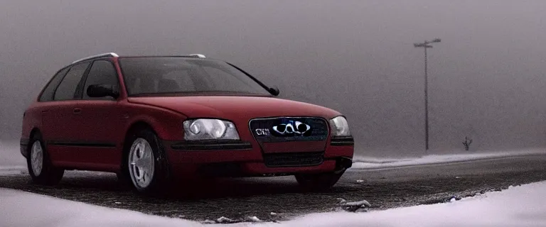 Image similar to Audi A4 B6 Avant (2002), a gritty neo-noir, dramatic lighting, cinematic, eerie person silhouette, death, homicide, homicide in the snow, gunshots, establishing shot, extremely high detail, photorealistic, cinematic lighting, artstation, by simon stalenhag, Max Payne (PC) (2001) winter New York at night, In the style of Max Payne 2 graphic novel, flashing lights, Poets of the Fall - Late Goodbye