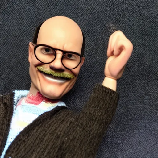 Prompt: tobias funke in circular glasses wearing a cardigan, action figure new in box