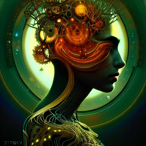 Prompt: extremely psychedelic beautiful cyborg virus infected by night. intricate, elegant, highly detailed, extremely lifelike photorealistic digital painting, artstation. steichen, gaston bussiere, tom bagshaw, cyberpunk alphonse mucha. totally elegant. anatomically correct. sharp focus. black and gold. surreal lush cosmic hallucination