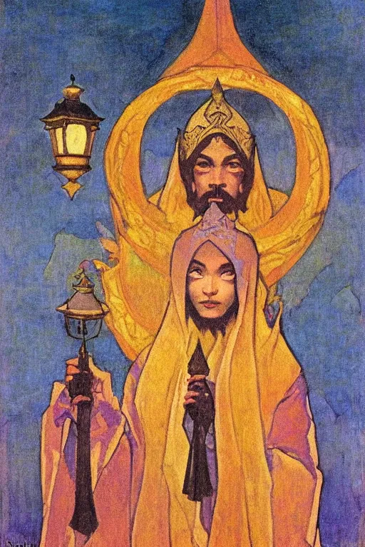 Prompt: child of darkness with their crown and lantern, by Nicholas Roerich and Annie Swynnerton and and Ivan Bilibin, dramatic cinematic lighting , ornate headdress , flowing robes, sacred artifacts, lost civilizations, smooth, sharp focus, extremely detailed