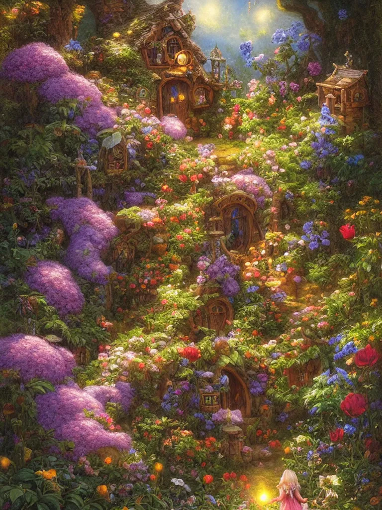 Prompt: a whimsical fairy house in a beautiful garden of flowers Justin Gerard, morning light, tarot card