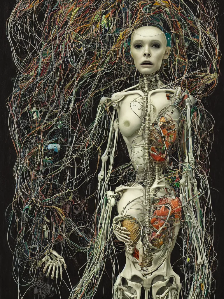 Image similar to portrait of a beautiful female android robot holding a realistic anatomical heart in her hands and crying, there are wires coming from her heart, tangled and entwined with her long flowing hair, mecha, biopunk, skeleton bones, surrounded by tropical plants, black background, painting by Dan Witz