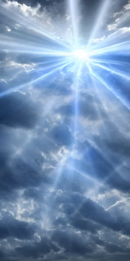 Image similar to clouds with blue rays of light coming from them, photorealistic, HD, heavenly