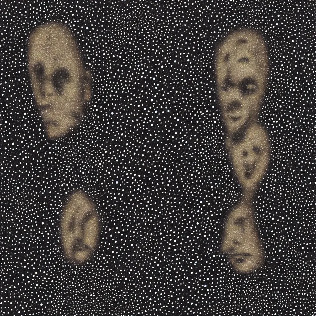 Prompt: face made out of planet, faceless people dark, dots, drip, stipple, pointillism, technical, abstract, minimal, style of francis bacon, asymmetry, pulled apart, cloak, hooded figure