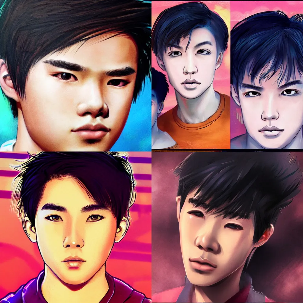 Prompt: cute handsome teenage half-asian boy with wavy short hair, appealing, beautiful eyes, medium close-up, hyper-realistic, 80s, dystopian retro, saturated, concept art