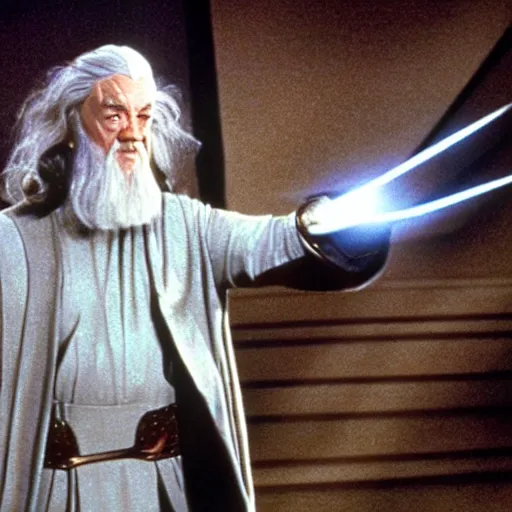 Prompt: A still of Gandalf as Captain Kirk on Star Trek