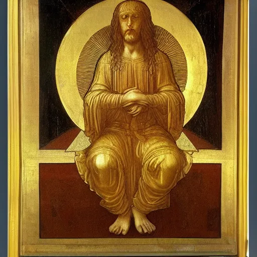 Image similar to god in heaven sitting on a golden throne, leonardo da vinci style, clear, coherent, detailed, 4 k