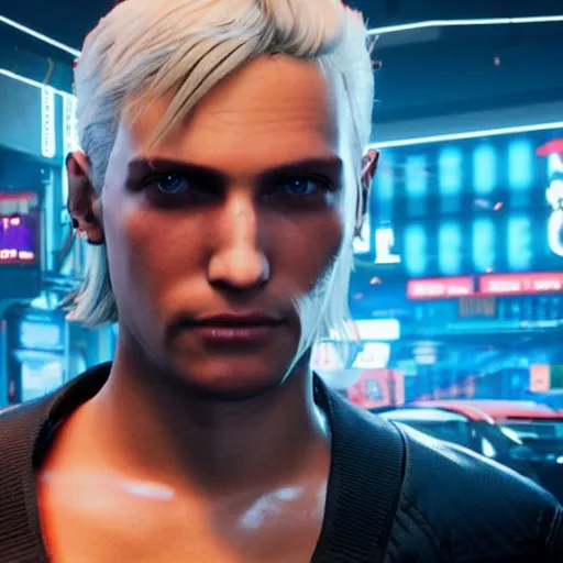 Image similar to an in-game screenshot of blonde hair blue eyed boy in Cyberpunk 2077