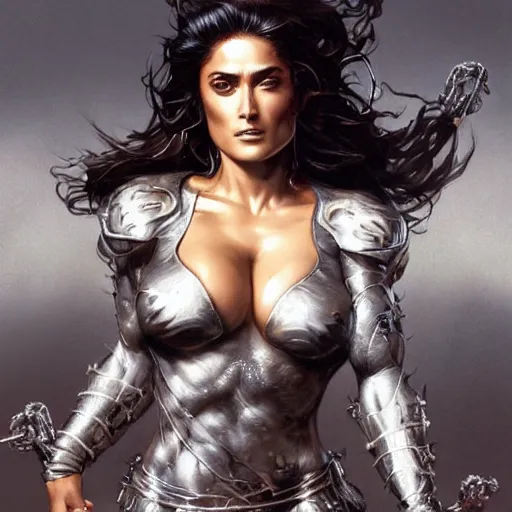 Image similar to muscular beautiful salma hayek wearing silver armor tombow artwork uta natsume , lucas graciano, greg staples ,jean-sebastien rossbach , christophe young , eytan zana , rumiko takahashi