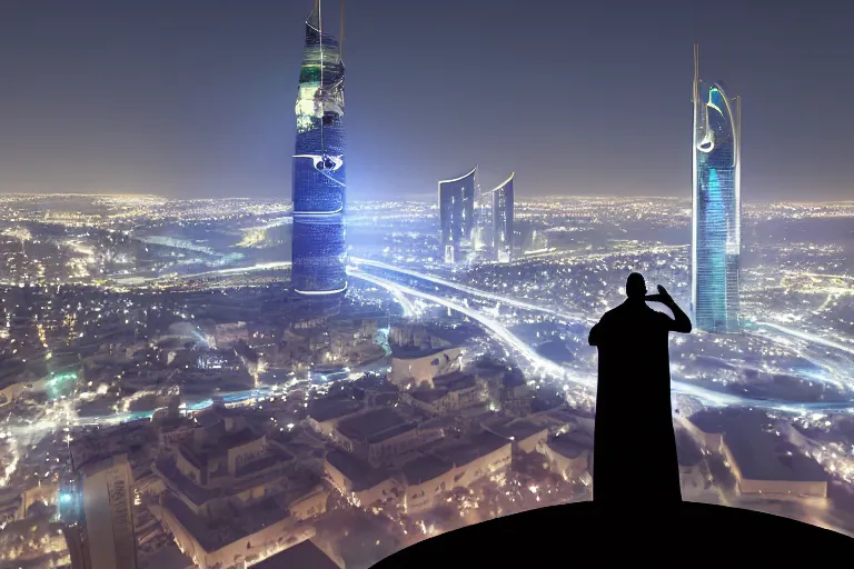 Prompt: arab man overlooking Riyadh city at night silhouette dramatic, dark, superhero, concept design, environment concept, artstation, digital art