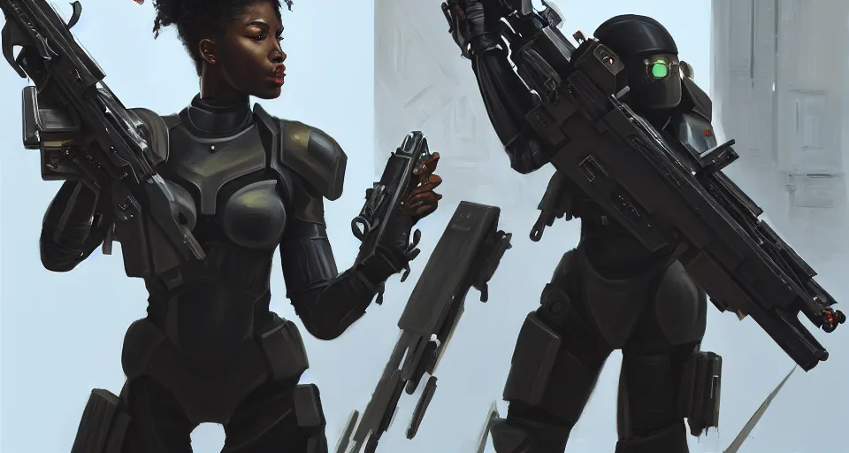 Prompt: a photorealistic painting of an attractive young ebony girl, clothed in stealth-battle armor with a giant sci-fi sniperrifle in her hands, a futuristic hover-tank with heavy laser-turret on the right, intricate details, elegant, digital painting, illustration, sharp focus, minimal artifacts, from Metal Gear, in the style of Ruan Jia and Mandy Jurgens and Greg Rutkowski, trending on Artstation, award winning, unreal engine, octane render