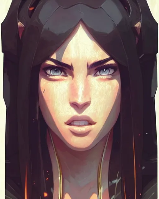 Image similar to azctec warrior, megan fox, detailed perfect face, exquisite details, fire magic, mid view, design on a white background, by studio muti, greg rutkowski makoto shinkai takashi takeuchi studio ghibli