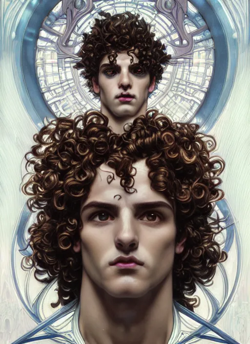 Image similar to the god hermes, young man, curly hair, glowing eyes, volumetric lights, cyan and white scheme, art nouveau botanicals, gothic, intricate, highly detailed, digital painting, artstation, concept art, smooth, sharp focus, symmetric face, illustration, steampunk, art by artgerm and greg rutkowski and alphonse mucha